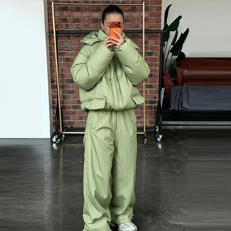 Women's Striped Puffer Jacket Two Piece Set Detachable Hood Cropped Puffer Coat Wide Leg Pants Outfit 2026 Winter Casual Coats