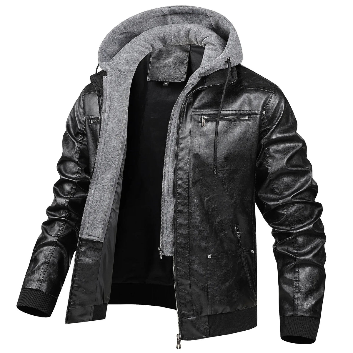 US Size Luxury Quality PU Jacket Men New Winter Faux Two-Piece Hooded Leather Jacket Casual Coat