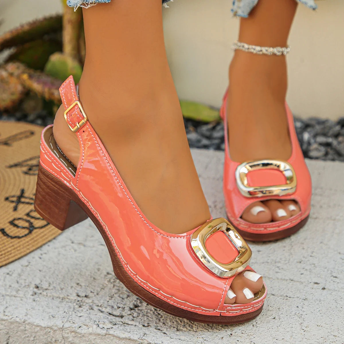 Sexy Patent Leather Thick High Heeled Sandals Women Metal Ring Peep Toe Platform Sandles Woman Back Strap Summer Snadalias Mujer