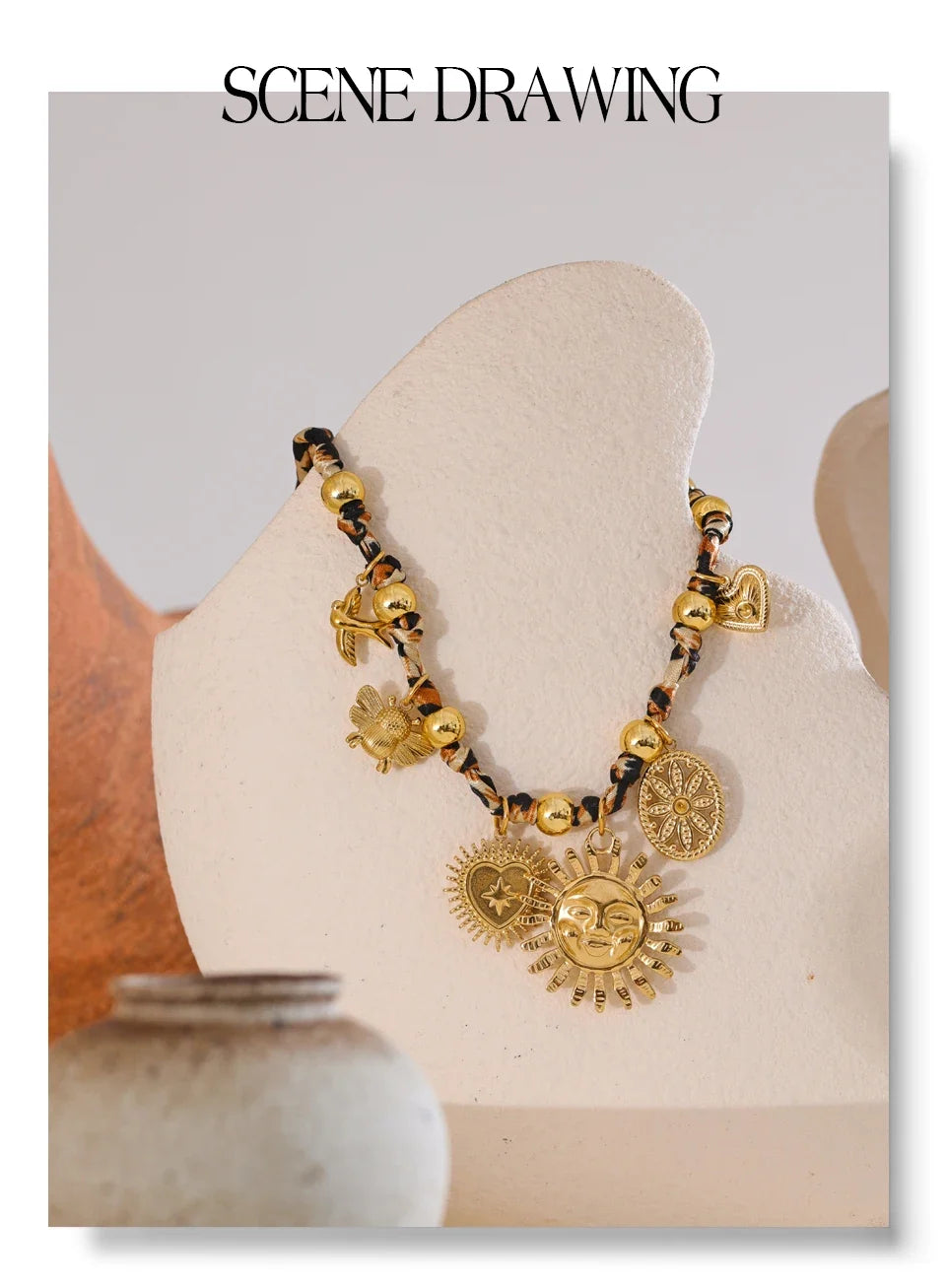 Yhpup Popular Stainless Steel Leopard Polyester Sun Flower Heart Insect Drop Collar Necklace 18K PVD Plated Fashion Jewelry Gift