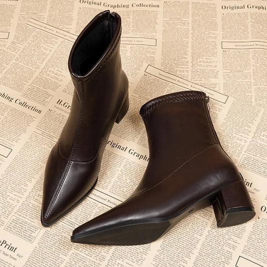 Fashion Vintage Thick Heels Women Slim Ankle Boots Autumn Winter Pointed Toe Stripper Party Short Booties Zapatos De Mujer