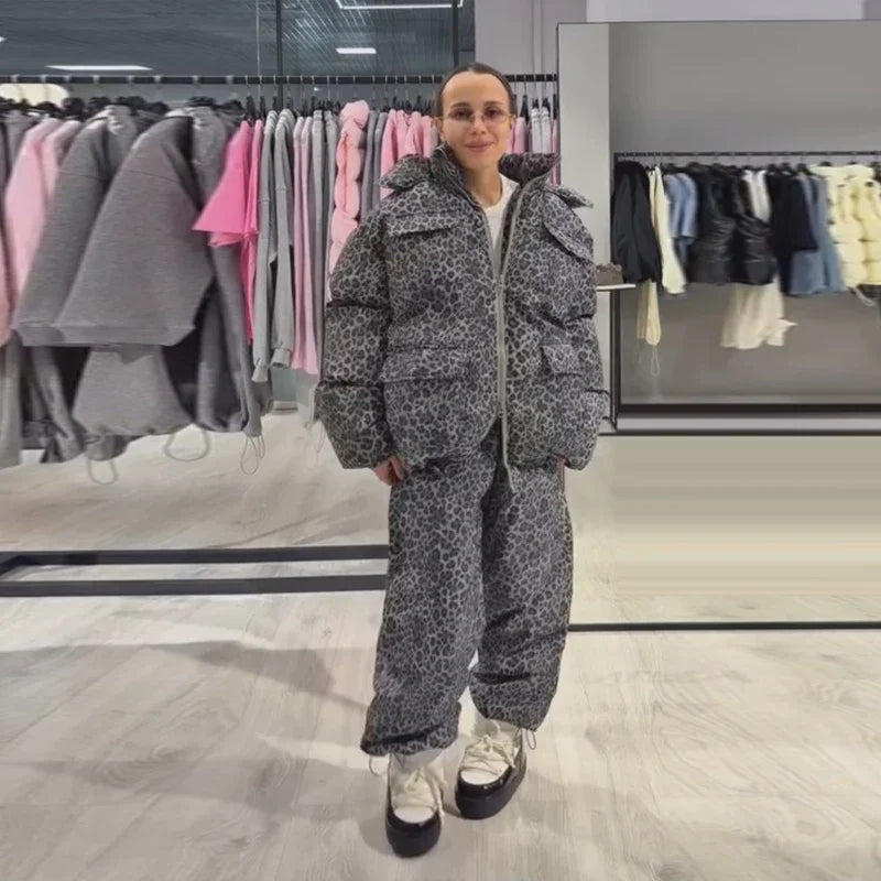 Chic Leopard Hooded Puffer Coat Set Women Quilted Full Sleeve Zip Jacket Wide Leg Pants 2026 New Lady Winter Thicken Warm Outfit