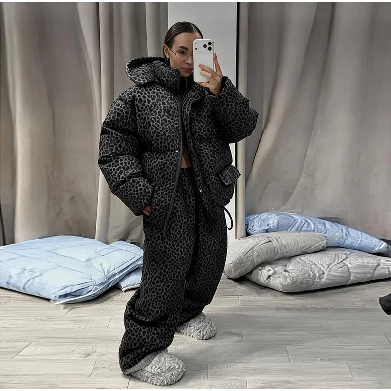 Chic Leopard Hooded Puffer Coat Set Women Quilted Full Sleeve Zip Jacket Wide Leg Pants 2026 New Lady Winter Thicken Warm Outfit