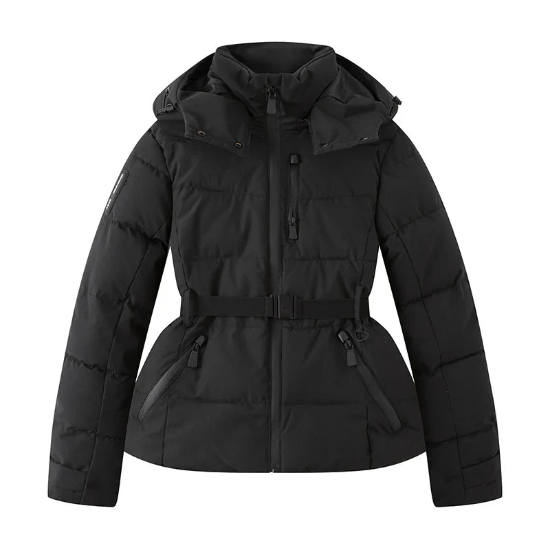 Women's Winter Hooded High Waist Padded Sport Parkas Coats with Belt Female Elegant Thick Warm Pockets Windproof Skiing Jackets