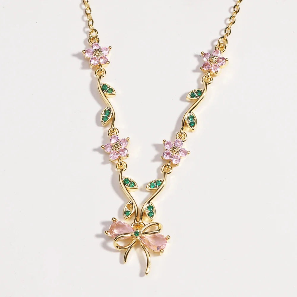 Summer New Fashion Exquisite Bow Leaf Flower Necklace For Women's Elegant Pink Zircon Chain Pendant Jewelry Gifts