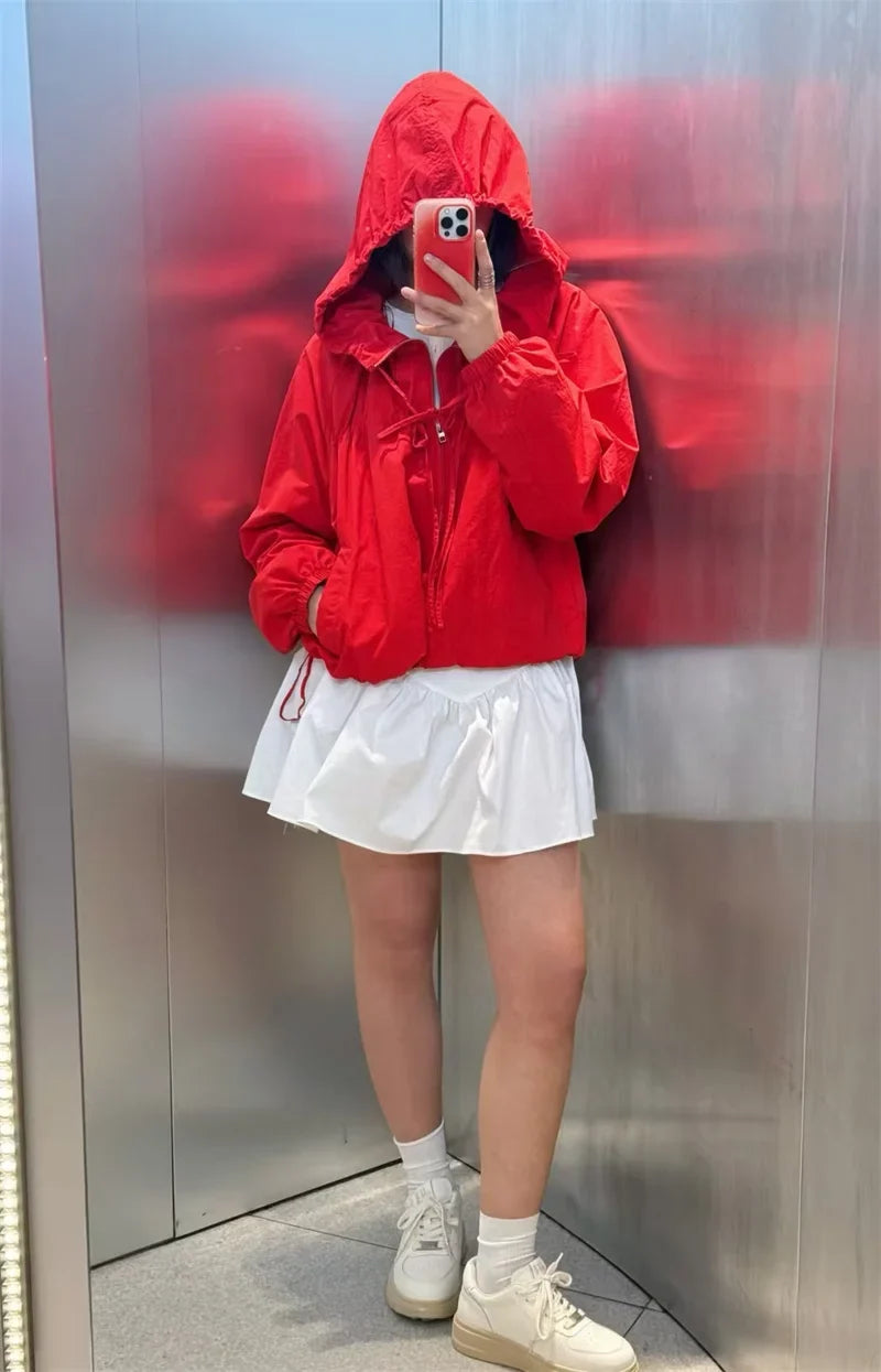 Women's Jacket 2026 Autumn New Red Long-Sleeve Drawstring Decorative Festive Hoodie Zipper Cardigan Casual Fashion Versatile