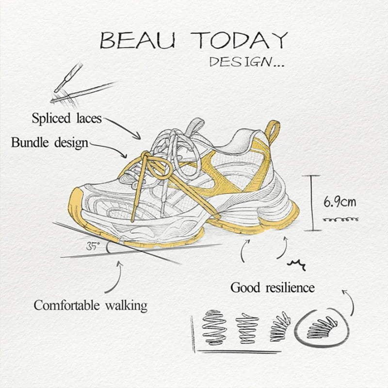BEAUTODAY Chunky Sneakers Women Synthetic Leather Mesh Round Toe Lace-up Sports Trainers Ladies Patchwork Shoes Handmade 29A51