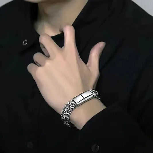 1pcs Men's Stainless Steel Braided Chain Bracelet, Punk Rock Wristband, Magnetic Clasp, Fashion Jewelry Gift for Him