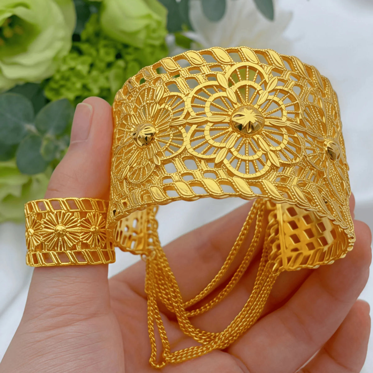 Indian Gold Color Tassel Bracelets Ring For Women Dubai African Hard Charm Bangles Wedding Arabic Hand Jewelry Party Gifts