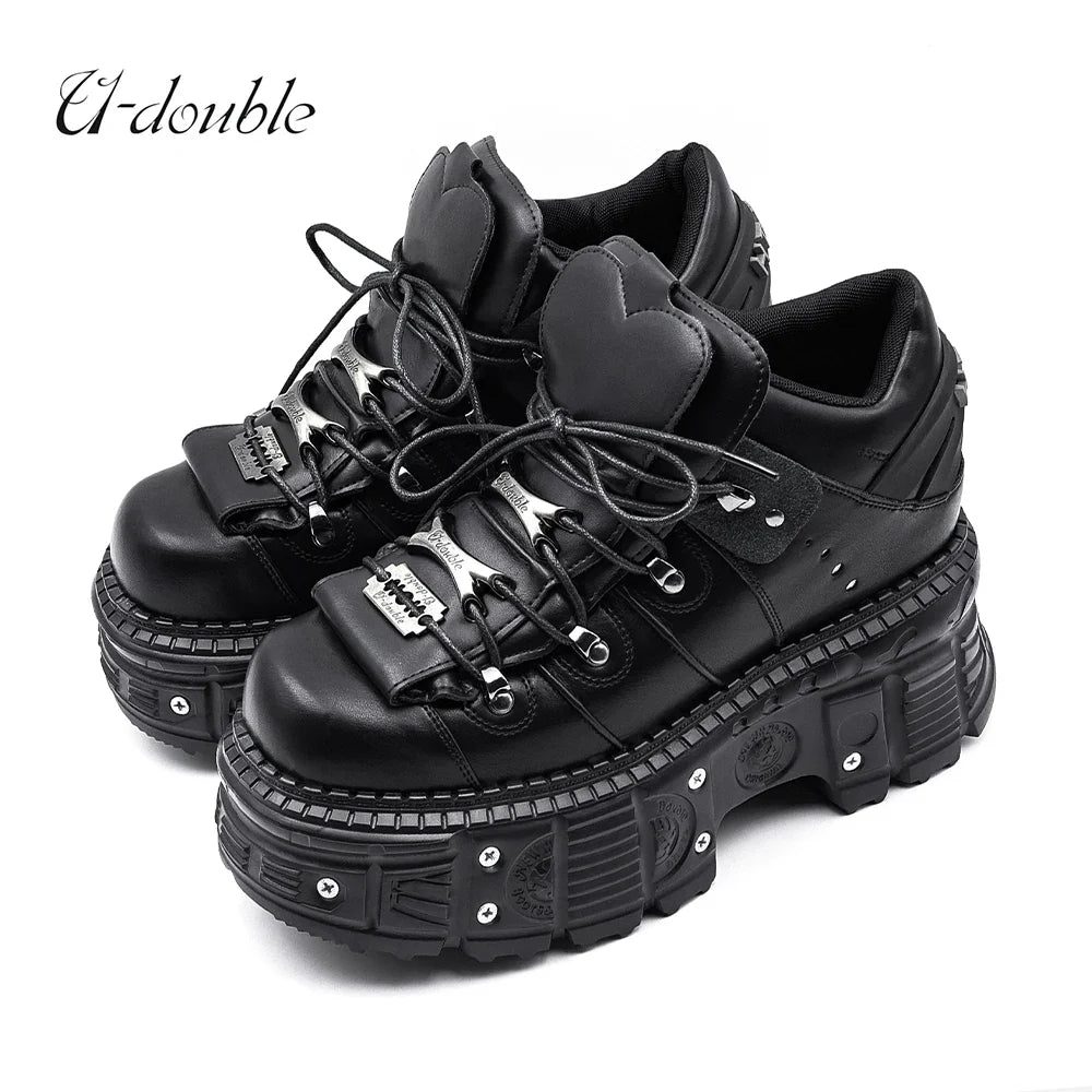 2026 New Punk Style Women Shoes Lace-up Heel Height 6CM Platform Shoes Woman Gothic Ankle Rock Boots Metal Decor Woman Sneakers