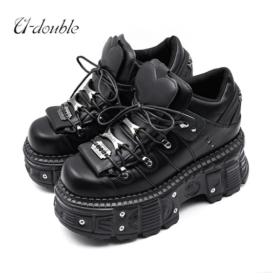 2026 New Punk Style Women Shoes Lace-up Heel Height 6CM Platform Shoes Woman Gothic Ankle Rock Boots Metal Decor Woman Sneakers