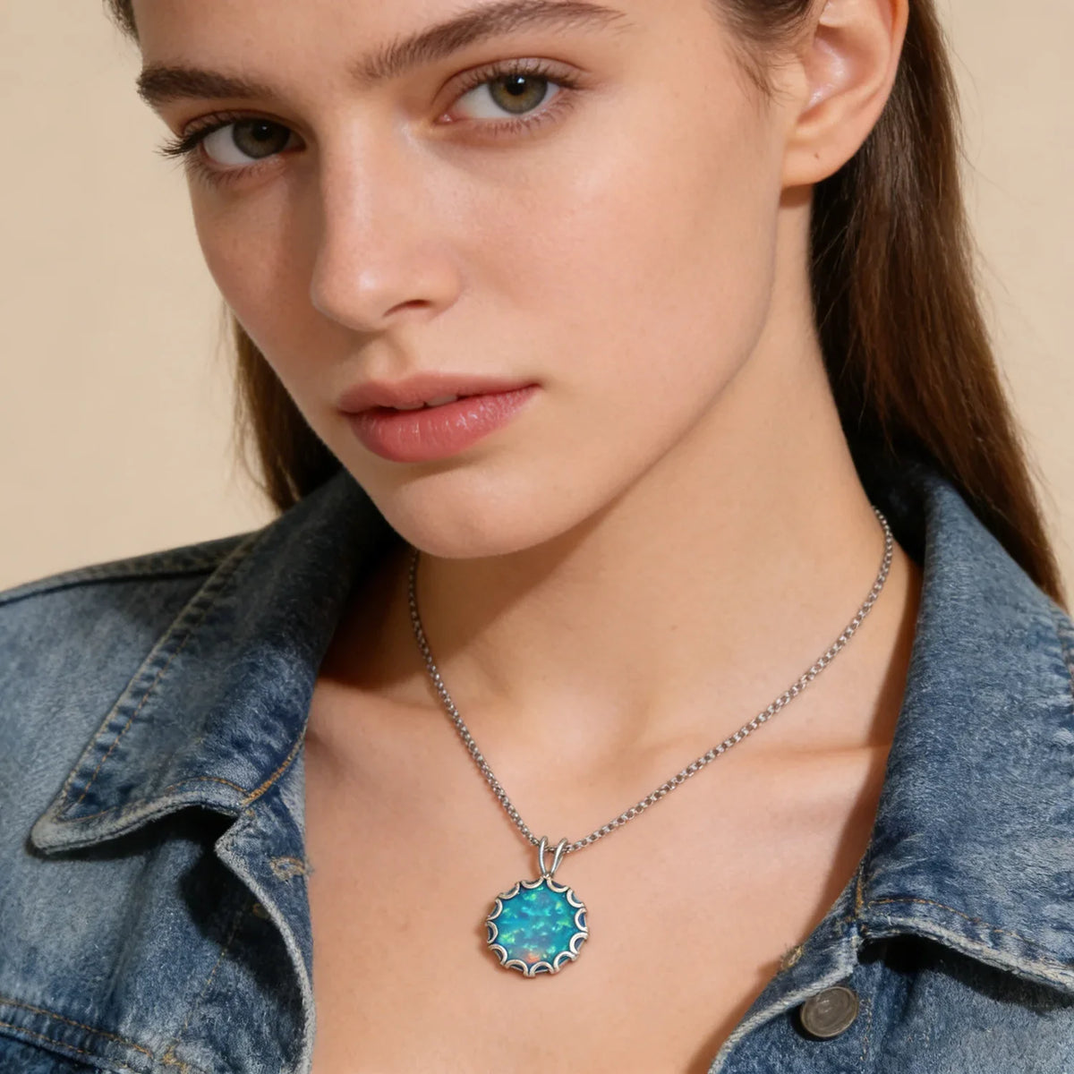 Wave Frame Opal Pendant Necklace,Round Blue Green Opal with Red Fire,White K Plated Floral Jewelry,Dainty Charms Gift for Women