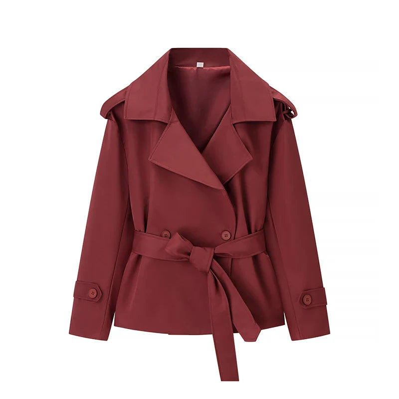 Fashion Women Lace Up Cropped Trench Coat 2026 Lapel Long Sleeves Wide Shoulder Windbreaker Jacket Lady Spring Commuting Outwear