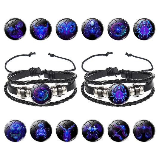 12 Constellation Zodiac Sign Charm Luminous Bracelets Men Women Vintage Multilayer Wrap Leather Chain Bangle Birthday Jewelry