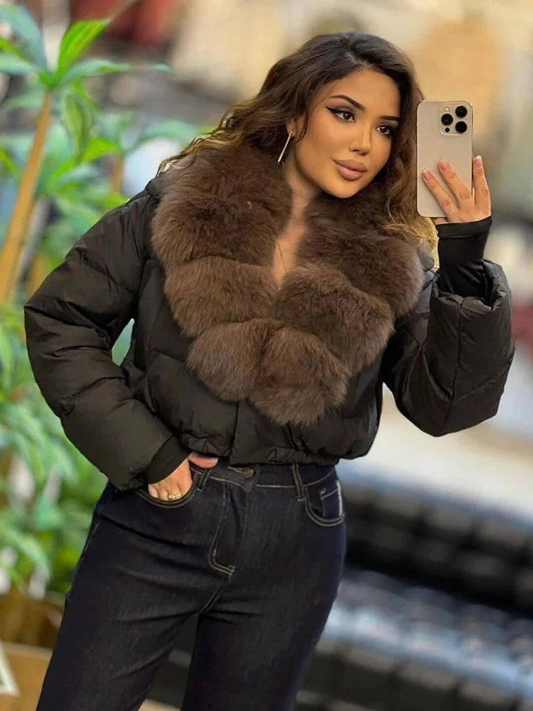 Luxury Thick Faux Fox Fur Collar Cropped Puffer Coat Women Oversized Lapel Zip Up Short Warm Windproof Winter Outerwear Jacket