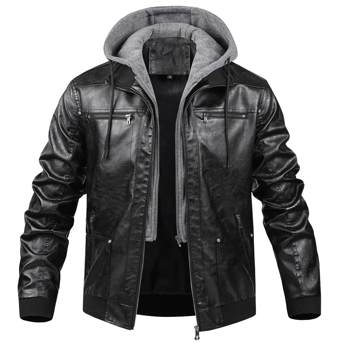 US Size Luxury Quality PU Jacket Men New Winter Faux Two-Piece Hooded Leather Jacket Casual Coat