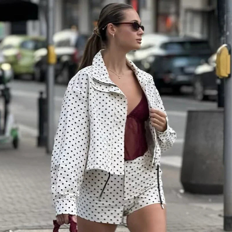 HXAO Polka Dot Bomber Jacket Women's Jackets Demi-Season Oversized Long Sleeve Top Outerwear Aviator Plus Size Zip Up Crop Coats