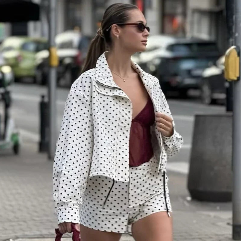 HXAO Polka Dot Bomber Jacket Women's Jackets Demi-Season Oversized Long Sleeve Top Outerwear Aviator Plus Size Zip Up Crop Coats