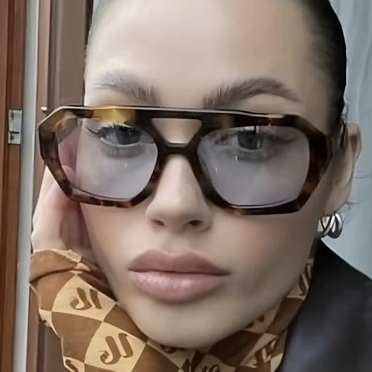 Hiking Women Fashion Polygonal Double Bridge Anti Light Glasses Luxury Minimalist Leopard Pattern Design Eyeglasses UV400