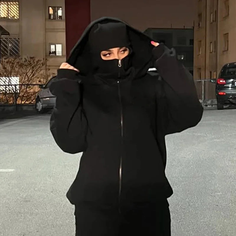 Men and Women Balaclava Y2K Gothic Harajuku Spring Autumn Winter New Item Double Hooded Sweatshirt Men Hooded Mask Zipper Jacket