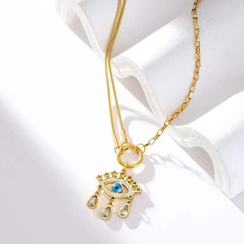 GANEMLY 316l Stainless Steel Luxury Bling Cubic Zirconia Eye Droplets Pendant Necklace Women Chic Romantic Waterproof Jewelry