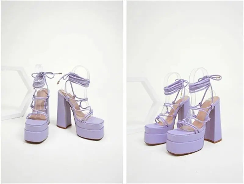 FF2025 New Fashion Solid Colored Cross-tied Heels Supper High Platform Dressing Sandals Peep-toe Square Heel Summer Footwear