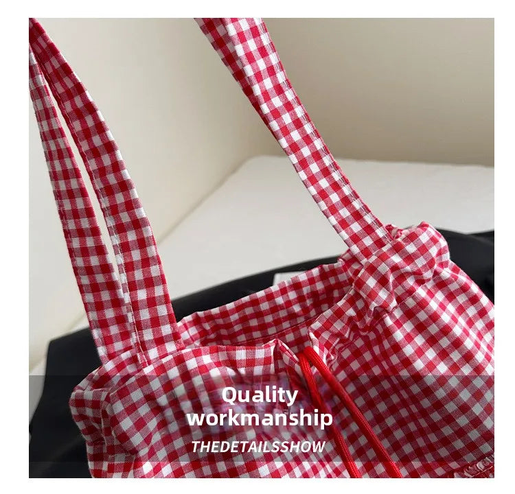 Large Capaci Cute Plaid Cotton Tote Bag  Lace Trim Women's Summer 2025 Simple Lady Handbag Soft Shoulder Bags Bolsa Feminina