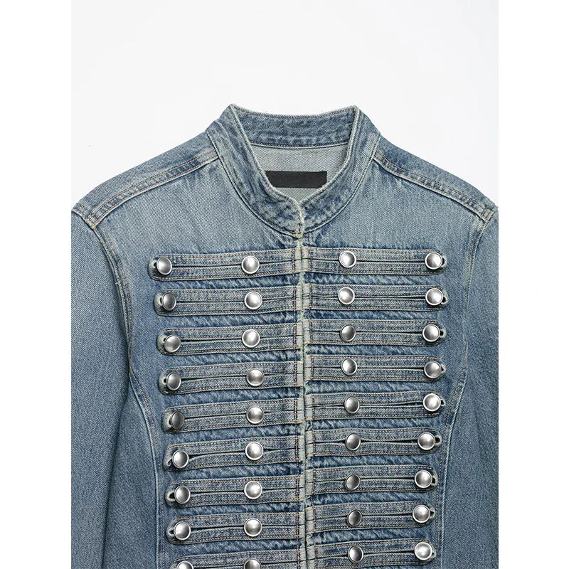 YENKYE Women's Cropped Denim Jacket Front Button Frayed Hem Stand Collar Streetwear Coat