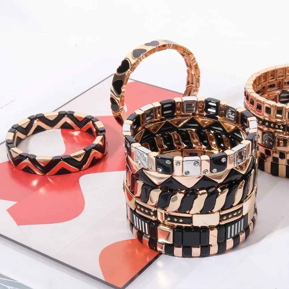 2026 New Black Gold Color Beaded Bangle for Women and Men Handmade Elastic hand Wrist Bracelets