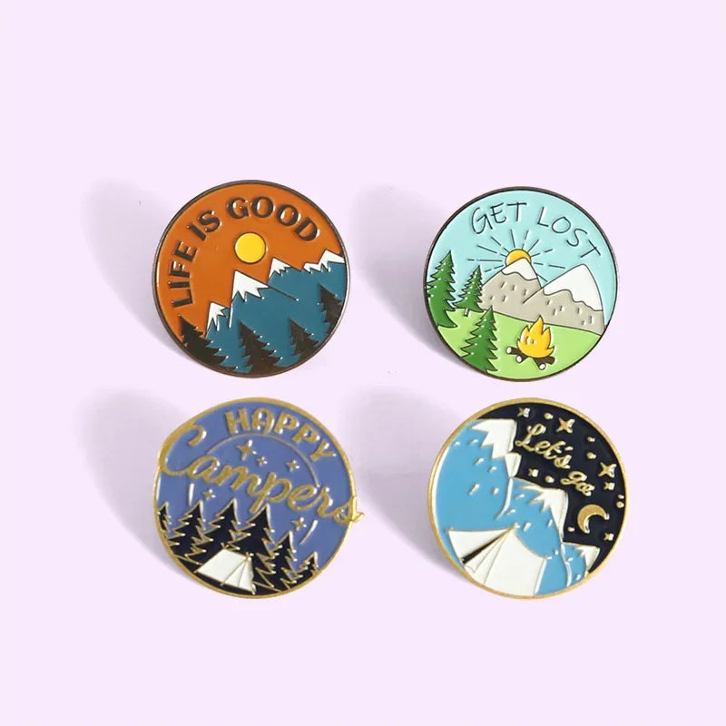 Scenic Snow Mountain Pine Tree Pattern Enamel Pin Social Power Brooch Custom Bag Lapel Shirt Badge Fun Cartoon Jewelry Gift for