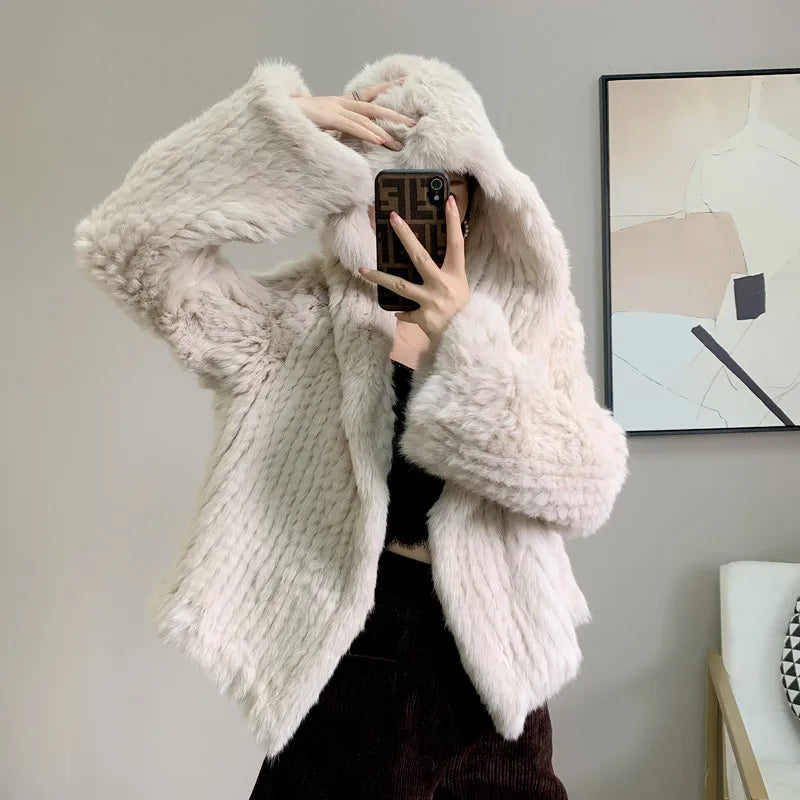 Real Rabbit Fur Hooded Coat Long Sleeve Women Casual Loose Knitted Genuine Fur Jacket With Hood Female Natural Fur Outwear
