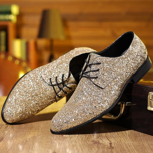 Luxury Men Dress Shoes Gold Silver Sequin Wedding Shoes High Quality Lace-Up  Oxford Shoes Fashion Designer Men Flats Large Size