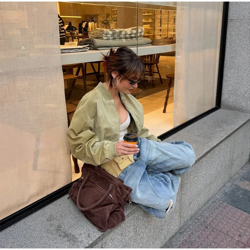 Fashion Short Bomber Jacket Women Casual Long Sleeve Round Neck  Zipper Loose Cropped 2026 Jackets Lady Spring Street Outerwear