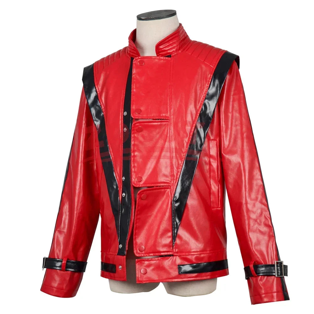 Classic Michael Red Leather Jacket Cosplay Costume Zipper Design Carnival Performance Wear Teen And Adult
