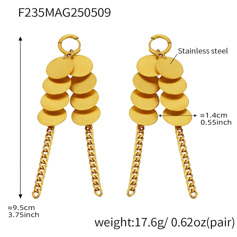 Stainless Steel Dangle Earrings For Women 18k Gold Plated Waterproof Non Tarnish Women's Glossy Sheets Chains Tassel Earring