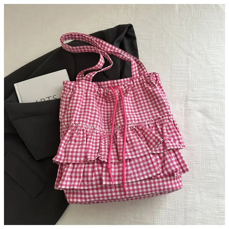 Large Capaci Cute Plaid Cotton Tote Bag  Lace Trim Women's Summer 2025 Simple Lady Handbag Soft Shoulder Bags Bolsa Feminina