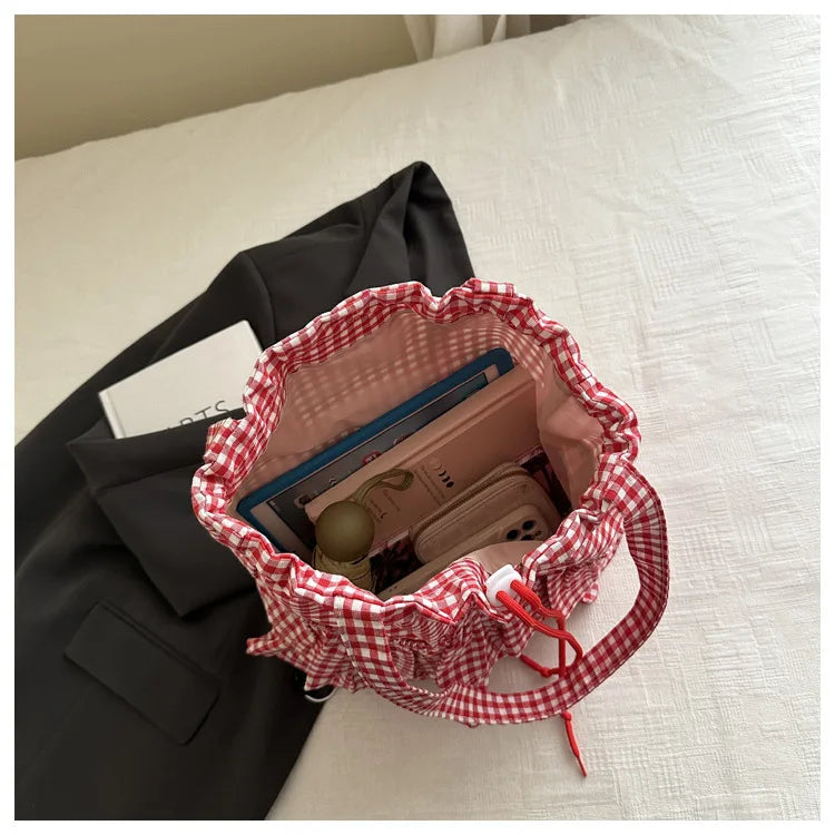 Large Capaci Cute Plaid Cotton Tote Bag  Lace Trim Women's Summer 2025 Simple Lady Handbag Soft Shoulder Bags Bolsa Feminina