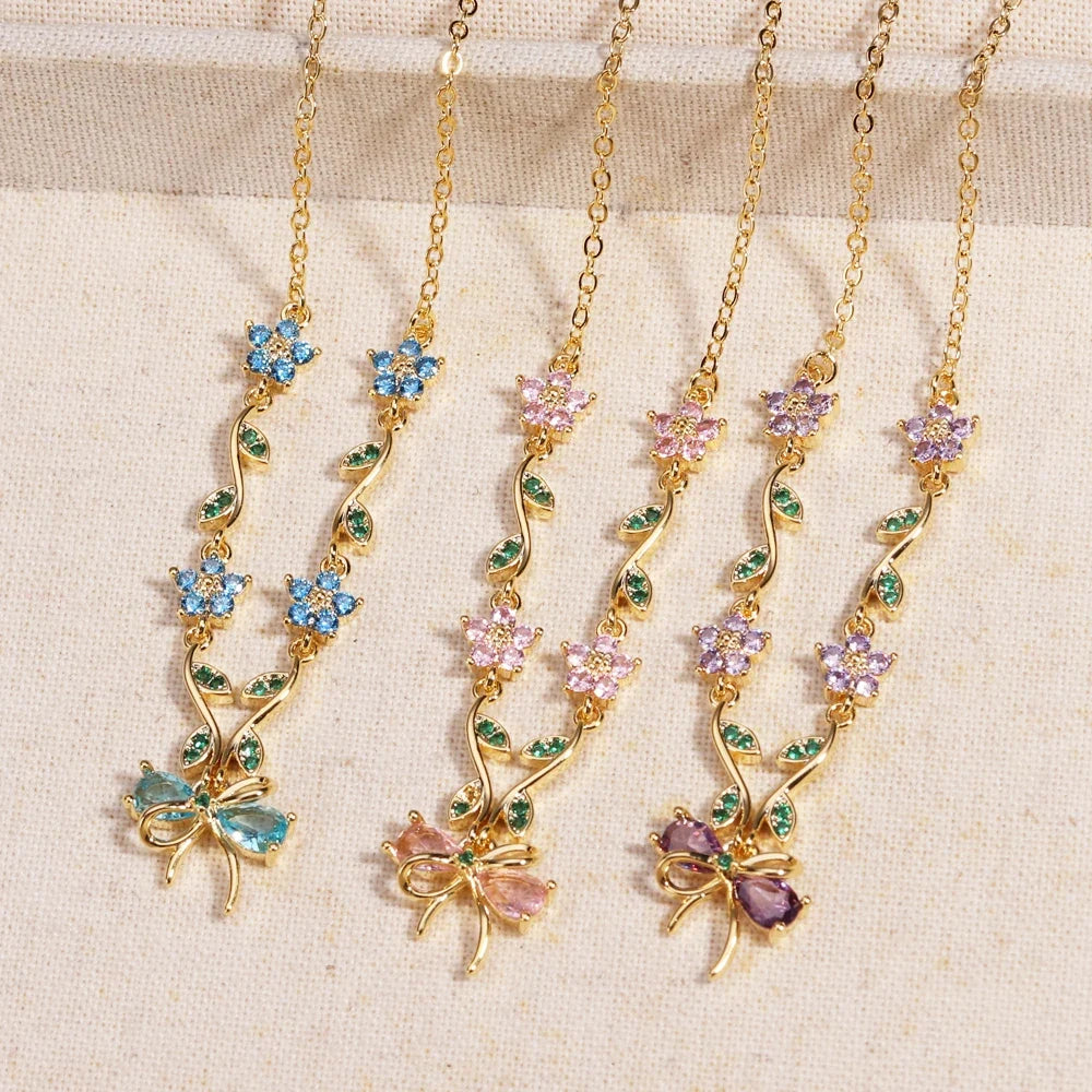 Summer New Fashion Exquisite Bow Leaf Flower Necklace For Women's Elegant Pink Zircon Chain Pendant Jewelry Gifts