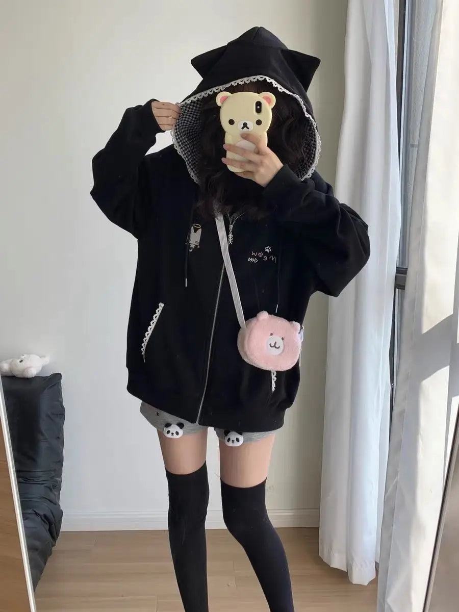 Zipper Hoodie Gothic Cartoon Kawaii Cat Ear Y2k Jacket Zip Up Thin Coat Spring Autumn Cute Core 2000s Clothes Fall Sweatshirts