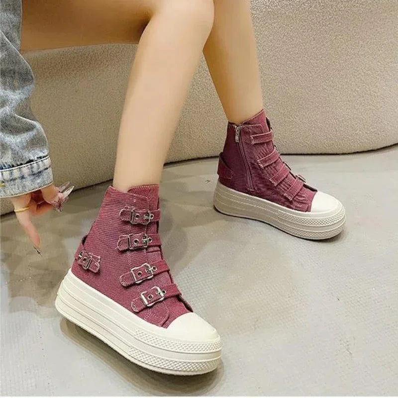 8CM Wedge Heels Sneakers Canvas Shoes Women's 2024 Spring And utumn New Fashion All Casual Thick Ventilate Soled Board Shoes
