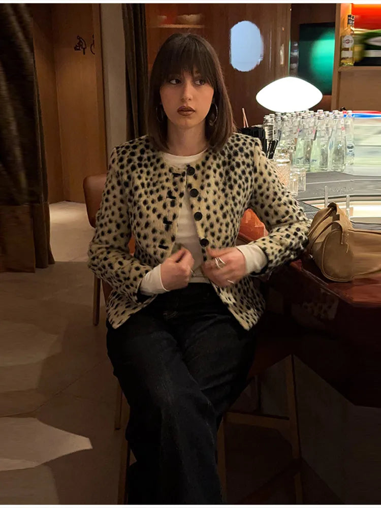 Retro Leopard Faux Fur Short Coat Lady Chic O-neck Single Button Placket Spotted Dot Cropped Long Sleeve Outerwear Street Jacket