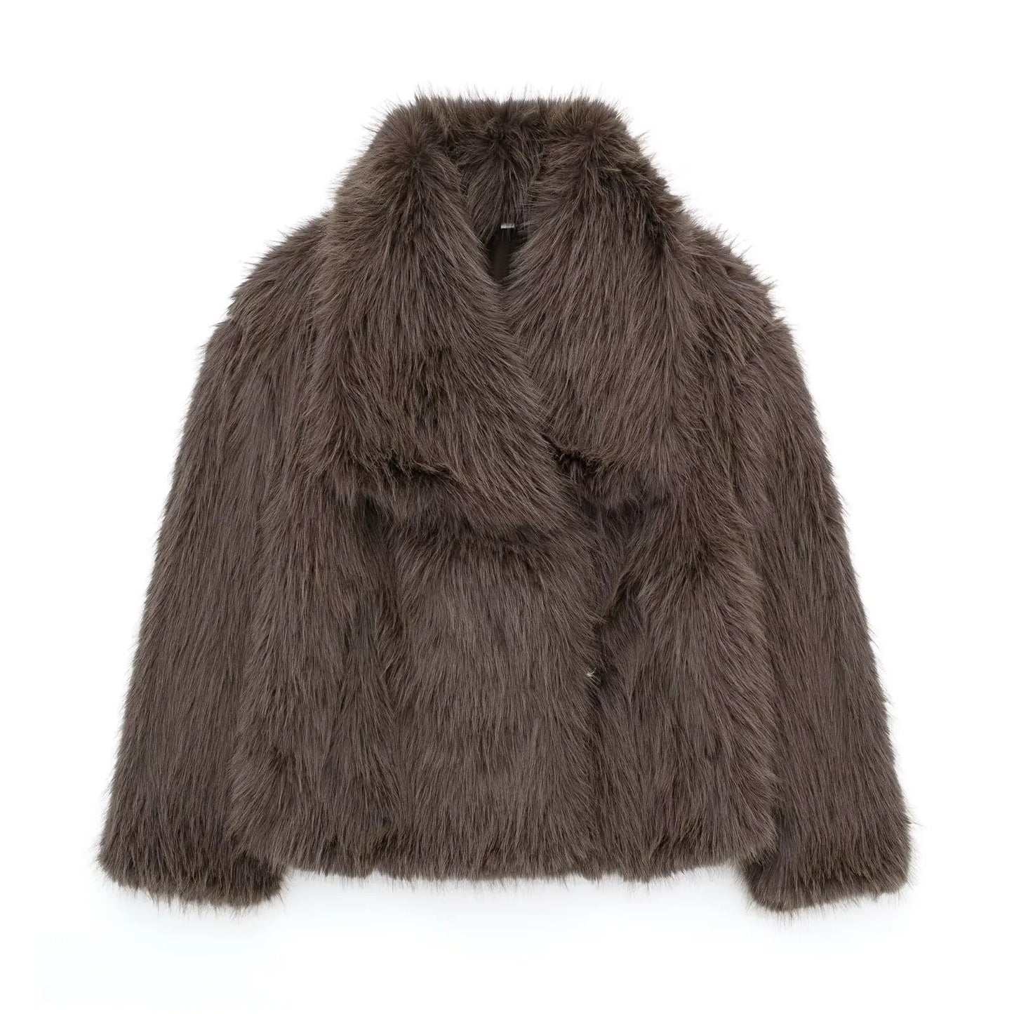 HH Women Fashion Cropped Faux Fur Jacket Coat Long Sleeve Front Snap-button Female Outerwear Chic Lapel Collar Thick Coat