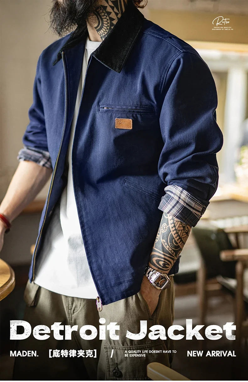 Maden Men's Retro J001 Detroit Jacket Heavyweight Canvas Hunting Coat Lapel Collar Work Jackets with Zipper for Spring Fall
