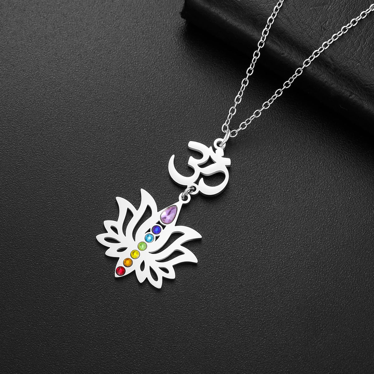Gold Plated 7 Chakra Lotus Flower Necklace with Om Symbol Spiritual Yoga Jewelry Seven Colorful Zircon Lotus Flower Necklace