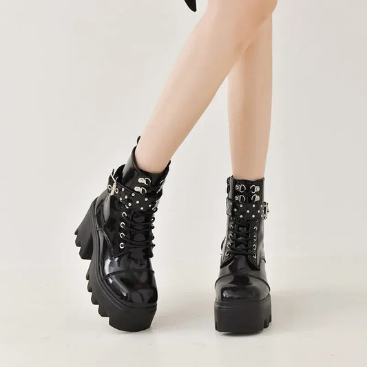 2024 Platform Thick Gothic Boots Lady Buckle Autumn Shoes Women Wedges Knee High Boots Punk Street  Motorcycle Chain