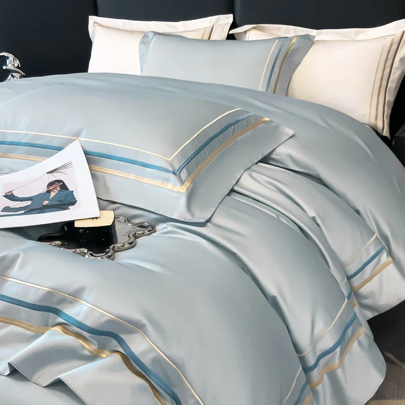 Hotel Style Bedding Set Luxury Golden Embroidery Duvet Cover Grey Egyptian Cotton Bed Sheets Pillowcases Solid Color Bedclothes