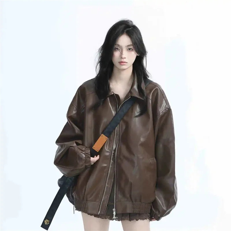 Retro Ladies Fashion Zipper Faux Leather Jacket Spring Autumn Women Long Sleeves Leather Coat 2025 Female PU Leather Outwear