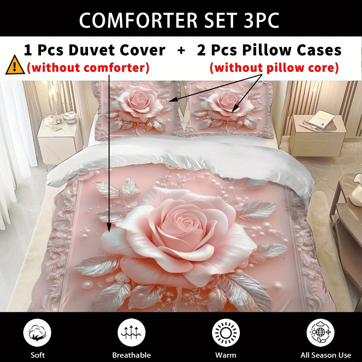 Latacaca 2/3Pcs Pink Rose Duvet Cover Set, Soft Comfortable Floral Bedding with Pillowcases, Machine Washable Queen King Size