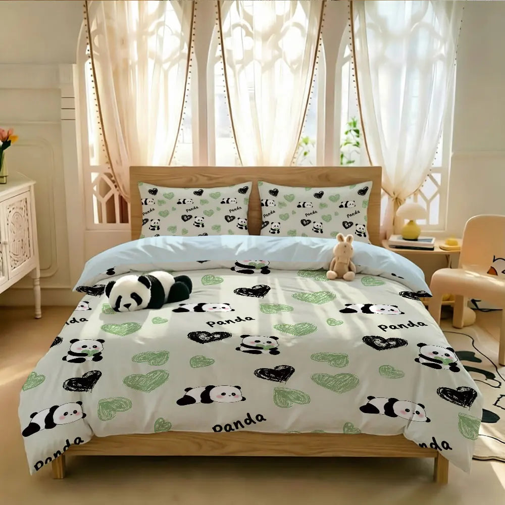 3pcs Cartoon Panda Print Coreless Duvet Cover Cool Summer Lightweight Bedding Set Multi Size Bedroom Bedding Decoration