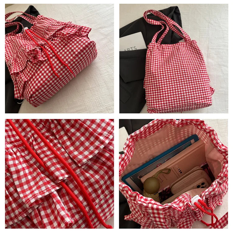 Large Capaci Cute Plaid Cotton Tote Bag  Lace Trim Women's Summer 2025 Simple Lady Handbag Soft Shoulder Bags Bolsa Feminina